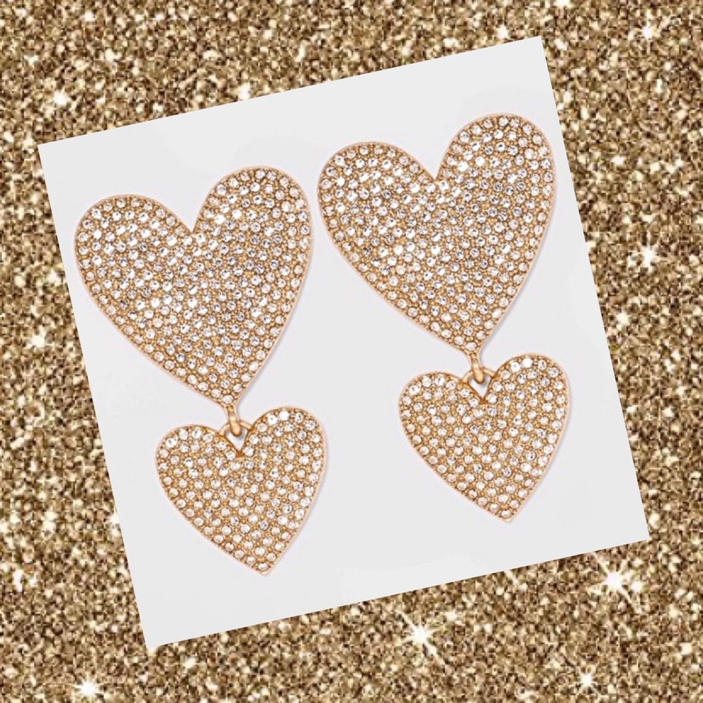 New Gold Heart Drop Rhinestone Post Earrings